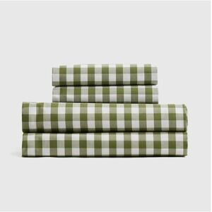 Quince Classic Organic Percale Gingham Sheet Set Queens Size Olive 4 Piece